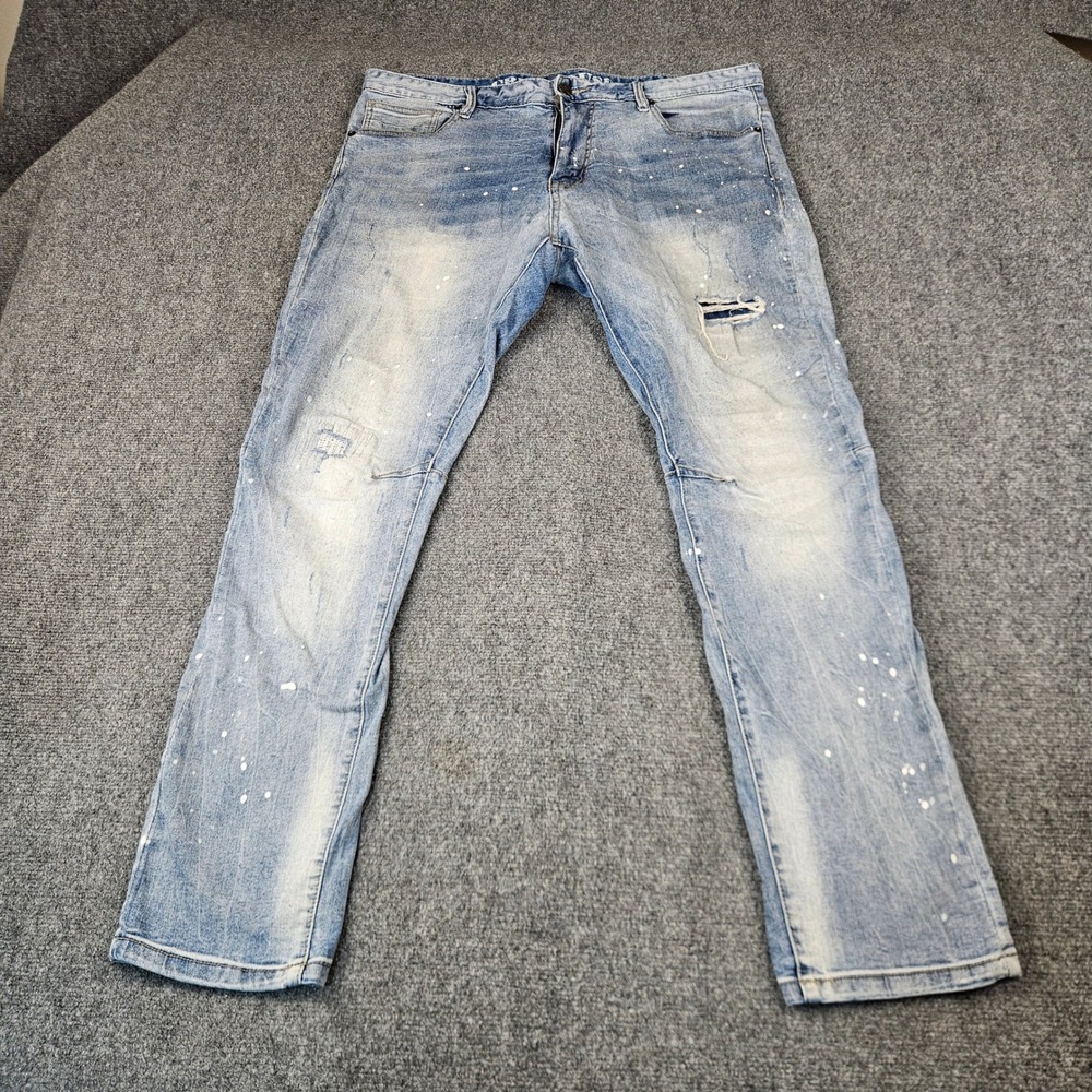 Grindhouse Denim Mens 38x32 Light Wash Paint Splatter Distressed Slim Jeans